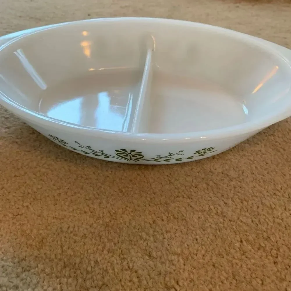 Glasbake J2352 Green Daisies Divided Milk Glass Casserole Dish 12” Long